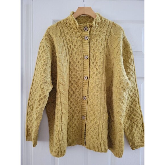 Woolovers Womens Golden Yellow wool Cardigan size XL fisherman cable Knit New - Picture 1 of 6